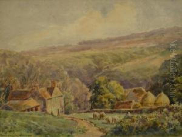 Hillside Farmstead With Sheep Oil Painting by Rowland Henry Hill