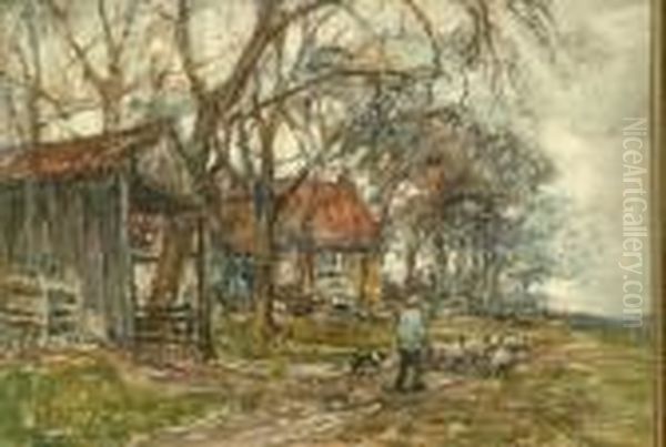 A Farmer Droving Sheep On A Country Pathway With Buildings Beyond Oil Painting by Rowland Henry Hill