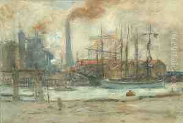 A Dock Scene, Possibly Hull Oil Painting by Rowland Henry Hill