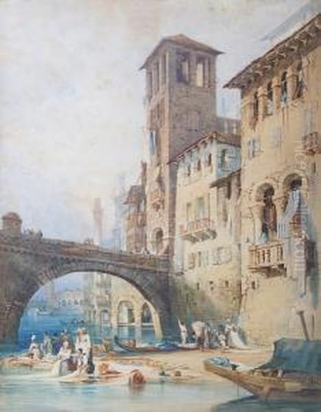 Ponte Del Castel Vecchio, Verona Oil Painting by Samuel Prout