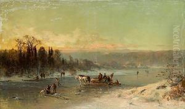 Figures On A Horse Drawn Sledge 
And Figuresice Fishing On A Frozen River With A Town Beyond by Thomas Hill