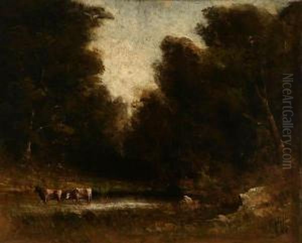 Cows Watering In A Forest Clearing Oil Painting by Thomas Hill