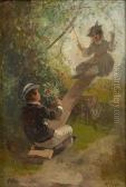 Children On A Seesaw Oil Painting by Thomas Hill