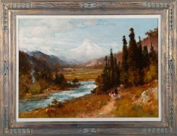 View Of Mt. Hood, Oregon 
Withamerican Indian Figures On Horseback. With Figures Across River Oil Painting by Thomas Hill