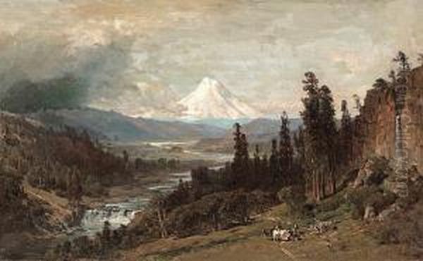 An Expansive Landscape With Mt. Hood Beyond Oil Painting by Thomas Hill