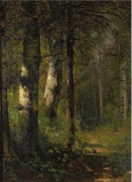 Squirrels In The Woods Oil Painting by Thomas Hill