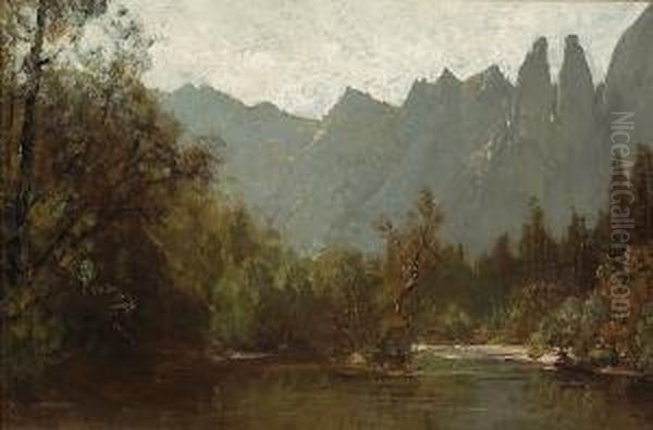 Cathedral Spires From Along The Merced River, Yosemite Valley Oil Painting by Thomas Hill