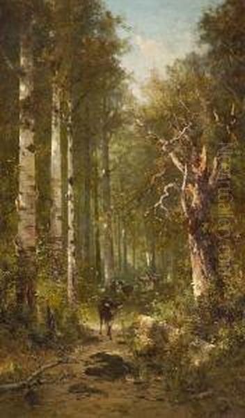 Deer Walking On A Wooded Path Oil Painting by Thomas Hill