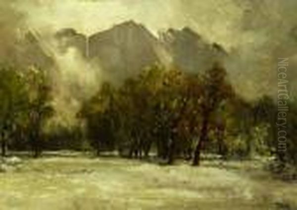 Snowy Scene With Trees At Mountain Edge Oil Painting by Thomas Hill