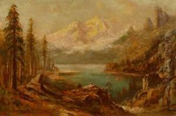 Rider On Horseback & Two 
Figures In View Of Mt. Shasta From Castle Lake S L/l: T. Hill O/c 16x24 Oil Painting by Thomas Hill