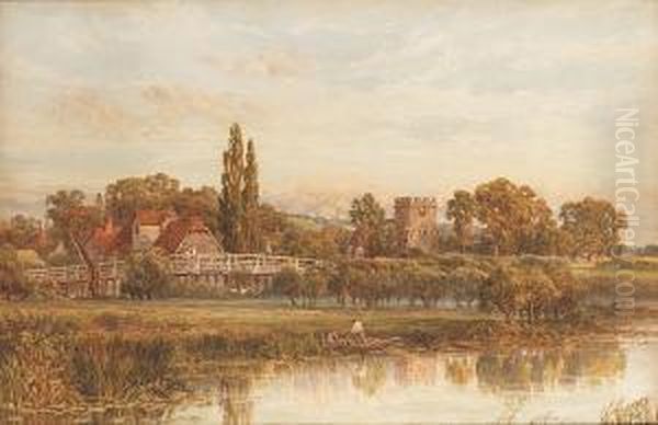 The Thames At Goring Church And Mill, Oxfordshire Oil Painting by Thomas Hill