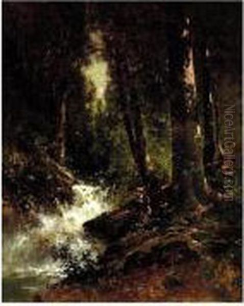 Fishing A California Stream Oil Painting by Thomas Hill