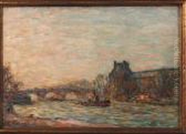 Boats On The River Seine, Paris Oil Painting by Anatole Eugene Hillairet