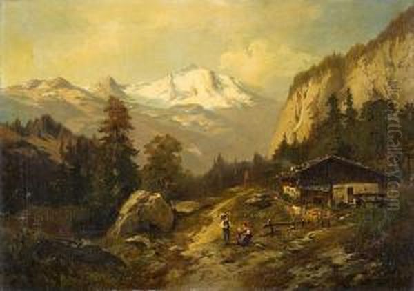 Almhutte Im Hochgebirge Mit Fernem Oil Painting by Heinrich (Heinz) Hiller