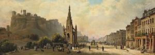 Daily Activities By The Scott Monument In Princes Street, Edinburgh Oil Painting by Heinrich (Heinz) Hiller