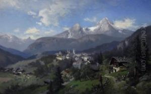 View On The Berchtesgaden. Signed Lower Left: Hiller Oil Painting by Heinrich (Heinz) Hiller