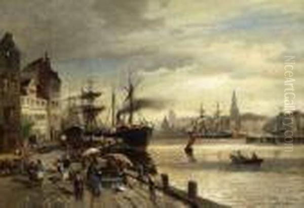 Hafenszene In Kopenhagen. Oil Painting by Heinrich (Heinz) Hiller