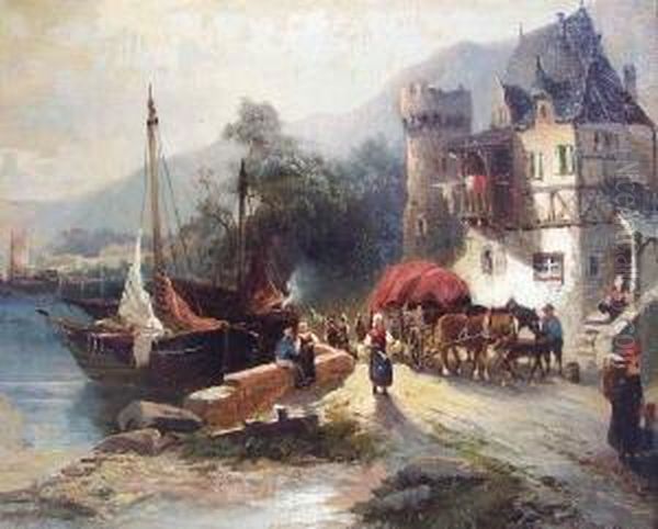 Belebte Uferlandschaft Mit Segelbooten Und Einem Fachwerkhaus (am Rhein ?) Oil Painting by Heinrich (Heinz) Hiller