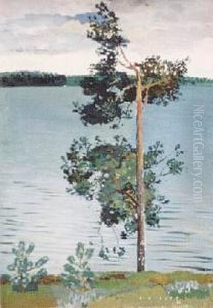 Samotna Sosna Nad Jeziorem (1936) Oil Painting by Karol Hiller