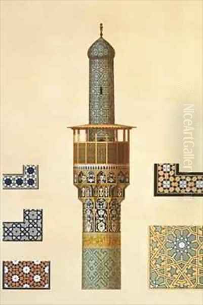 A Minaret and Ceramic Details from the Mosque of the Medrese i Shah Hussein Isfahan Oil Painting by Pascal Xavier Coste