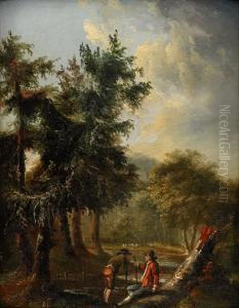 Pastoralt Skogslandskap Med Rastande Vandringsman Oil Painting by Carl Peter Hillestrom