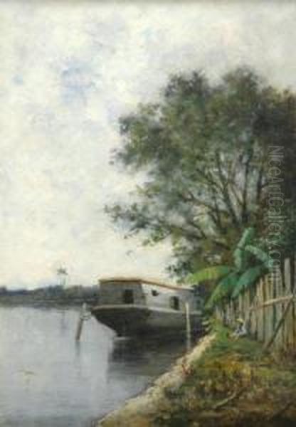 Florida Scene, Barge And Fisherman Oil Painting by William Henry Hilliard