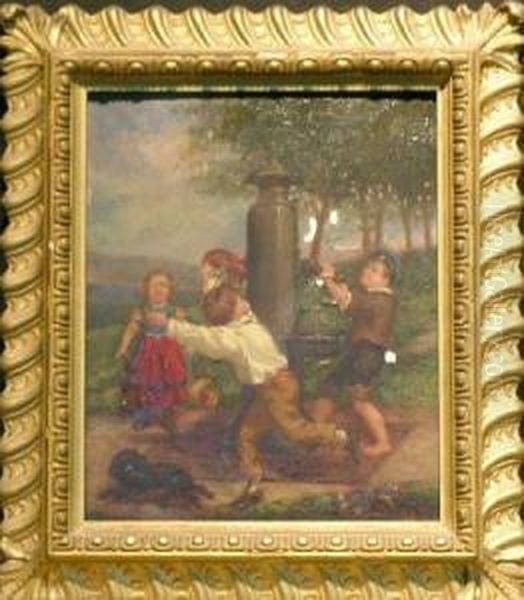 Children At The Water Pump Oil Painting by William Henry Hilliard