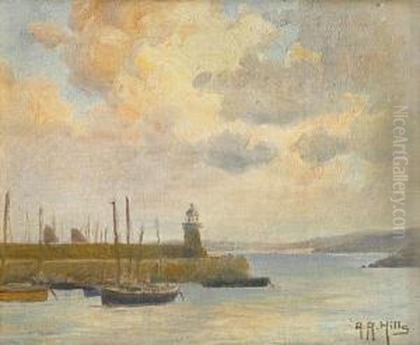 Harbor With A Lighthouse And Boats Oil Painting by Anna Althea Hills