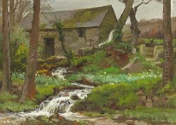 An English Cottage By A Running Creek Oil Painting by Anna Althea Hills