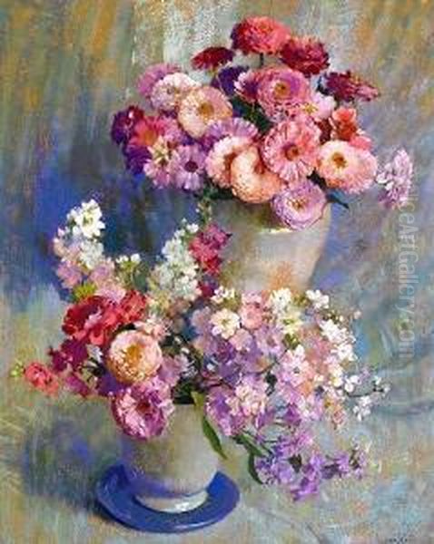 Zinnias And Stock Oil Painting by Laura Coombs Hills