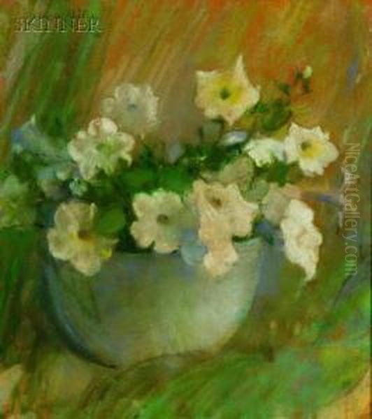 White Petunias In A Bowl Oil Painting by Laura Coombs Hills