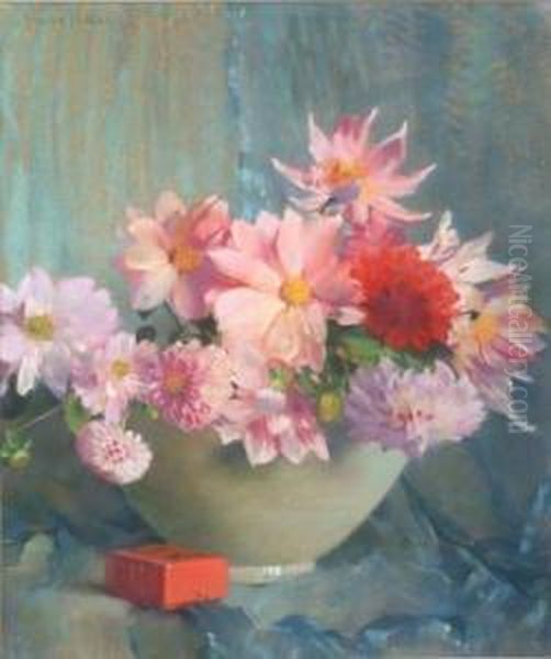 Lacquer, Silk And Celadon/a Still Life With Zinnia, Dahlia And Cosmos Oil Painting by Laura Coombs Hills