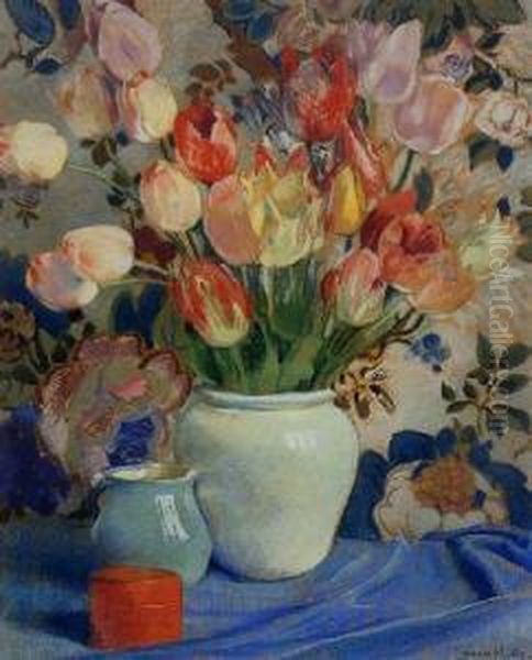 Tulips And Chintz Oil Painting by Laura Coombs Hills