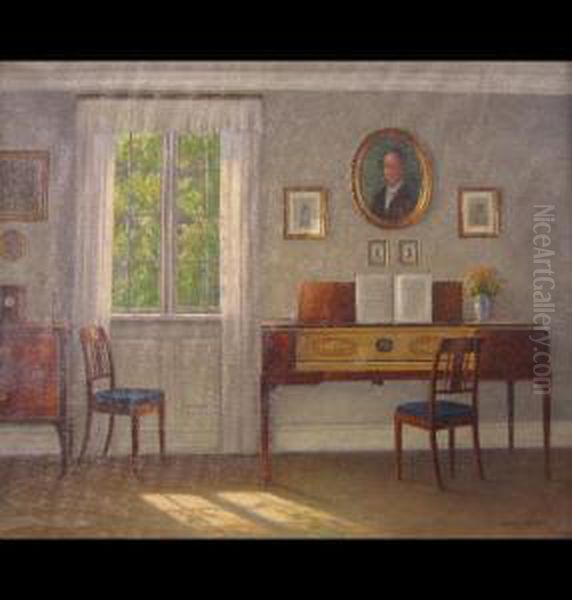 House Interior Showingsquare Piano And Portraits Oil Painting by Hans Hilsoe