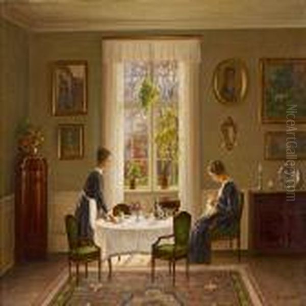 Interior With Two Women Oil Painting by Hans Hilsoe