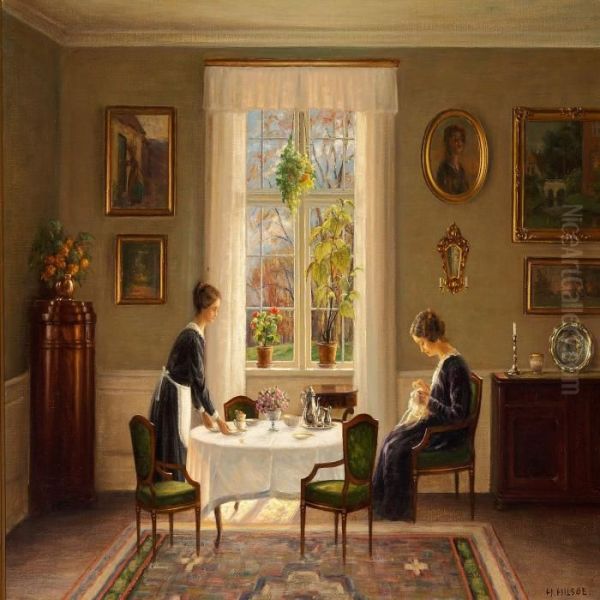 Interior With A Maid Serving Tea For The Mistress Oil Painting by Hans Hilsoe