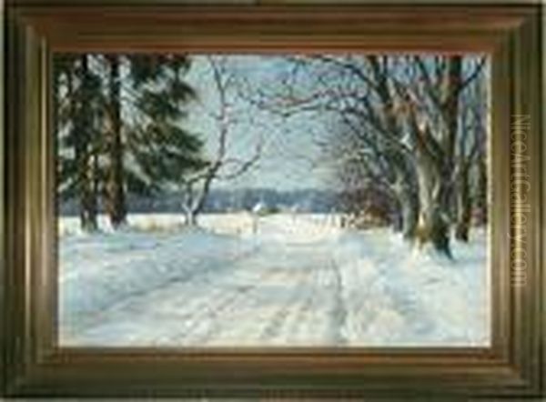 A Winter Landscape By Kulhuse Village, Denmark Oil Painting by Hans Hilsoe