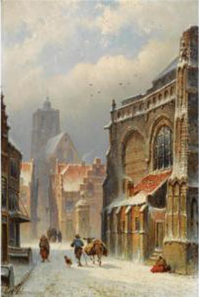 Figures In The Streets Of A Wintry Town Oil Painting by Eduard Alexander Hilverdink