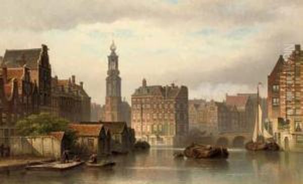 The Amstel In Summer With The Munttoren And The Rokin Beyond Oil Painting by Eduard Alexander Hilverdink