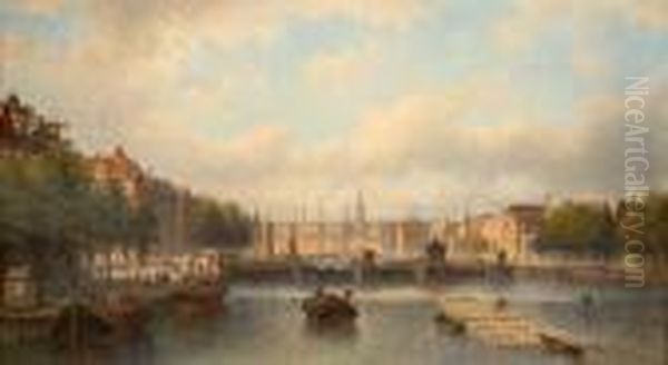 The River Amstel With The Magere Brug In The Distance, Amsterdam Oil Painting by Eduard Alexander Hilverdink