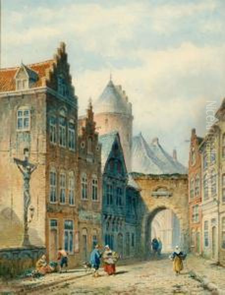 Figures In A Street Of A Dutch City by Eduard Alexander Hilverdink