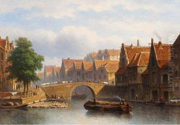 Canal In A Busy Dutch Town Oil Painting by Eduard Alexander Hilverdink