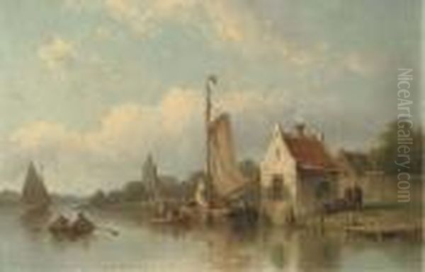 A River Landscape With Fishermen In Their Boats Oil Painting by Eduard Alexander Hilverdink