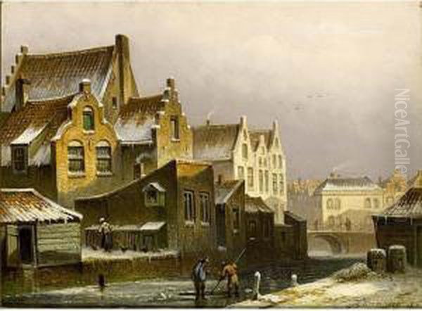 A View Of A Dutch Town In Winter Oil Painting by Eduard Alexander Hilverdink