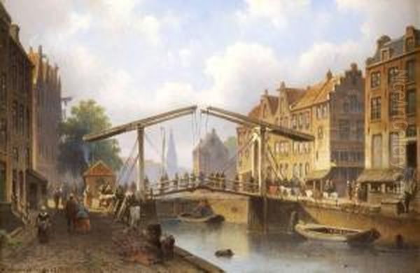 Drawbridge With Figures Over Dutch Canal Oil Painting by Eduard Alexander Hilverdink