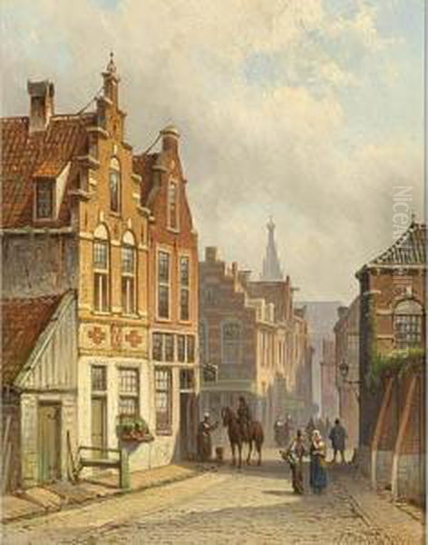 Villagers In The Sunlit Streets Of A Dutch Town Oil Painting by Eduard Alexander Hilverdink