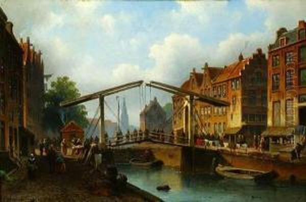 Canal Scene In Dutch City Oil Painting by Eduard Alexander Hilverdink