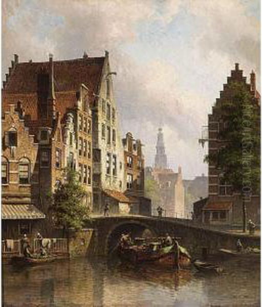 A Canal In A Dutch Town Oil Painting by Eduard Alexander Hilverdink