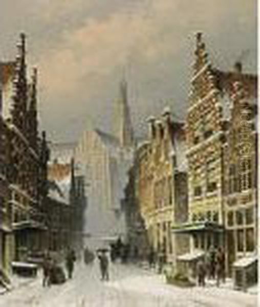 A Snowy View Of The Smedestraat, Haarlem Oil Painting by Eduard Alexander Hilverdink