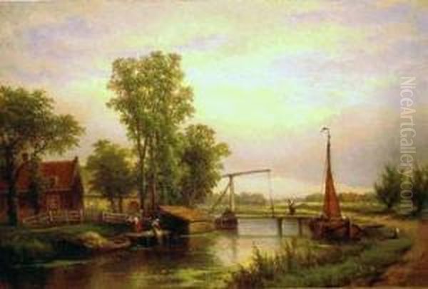 Holland Canal Scene With Figures Beside A Drawbridge Oil Painting by Eduard Alexander Hilverdink